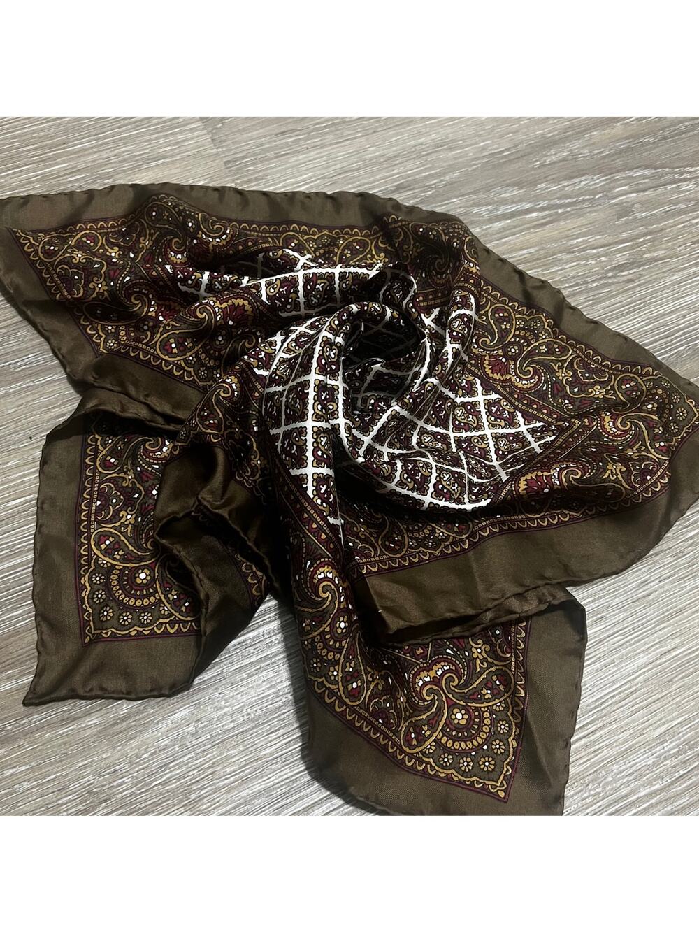 Vintage Italian Silk Lattice Grid Micro Paisley Olive Brown Head/Neck Scarf
